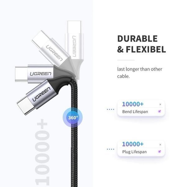 Кабель UGREEN US261 USB Type-C To USB Type-C 60W Round Cable Nickel Plating Aluminum Shell 3A 0.5m Black/Gray (50149) 278773 фото