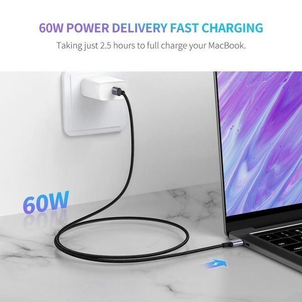 Кабель UGREEN US261 USB Type-C To USB Type-C 60W Round Cable Nickel Plating Aluminum Shell 3A 0.5m Black/Gray (50149) 278773 фото