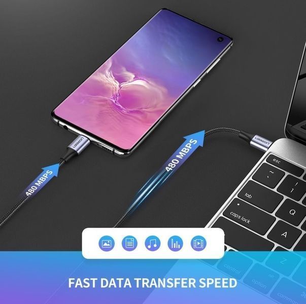 Кабель UGREEN US261 USB Type-C To USB Type-C 60W Round Cable Nickel Plating Aluminum Shell 3A 0.5m Black/Gray (50149) 278773 фото