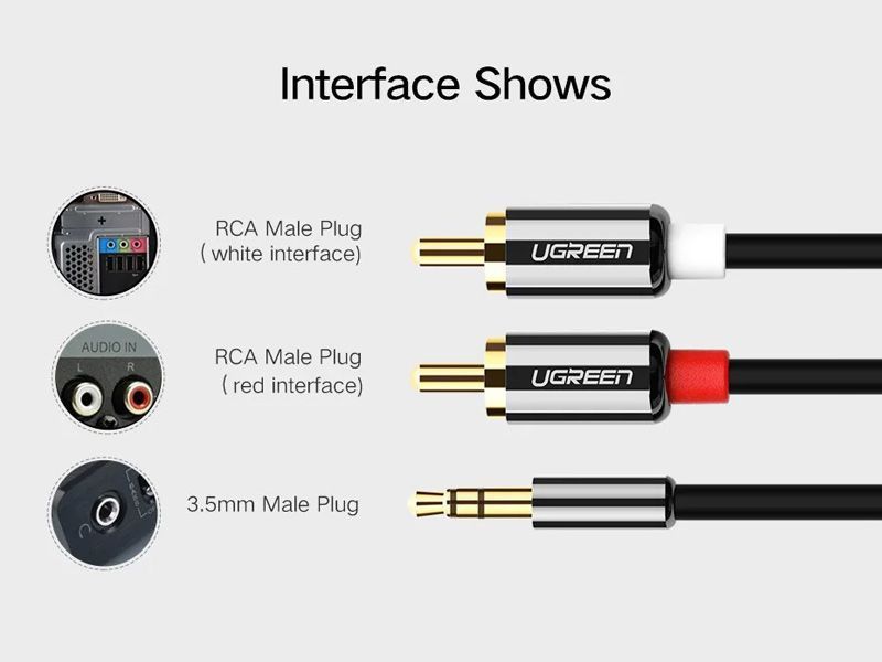 Кабель UGREEN AV116 3.5mm Male To 2 RCA Male Cable 1m (10749) Black 283242 фото
