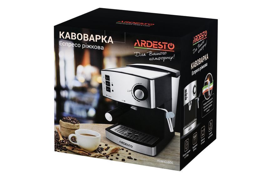 Кавоварка Ardesto ріжкова Steel Collection 1.6л, мелена, ручний капучинатор, сріблясто-чорний (YCM-E1600) 371677 фото