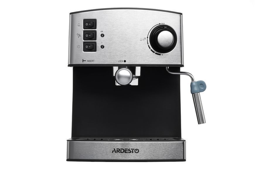 Кавоварка Ardesto ріжкова Steel Collection 1.6л, мелена, ручний капучинатор, сріблясто-чорний (YCM-E1600) 371677 фото
