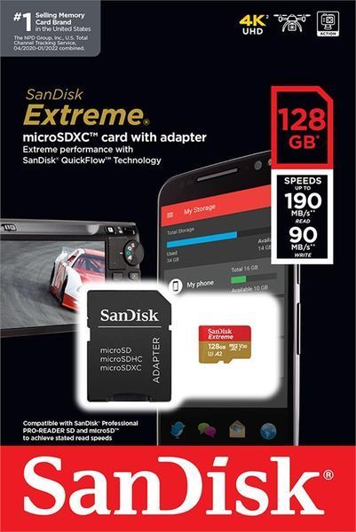 Карта пам'яті SanDisk microSD 128GB C10 UHS-I U3 R190/W90MB/s Extreme V30 + SD (SDSQXAA-128G-GN6MA) 375284 фото