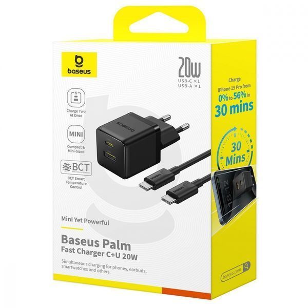 Зарядний Пристрій Baseus Palm Fast Charger Type-C+USB 20W (With Cable Type-C to Type-C 60W 1m) (P10111608213-01) White 347070 фото