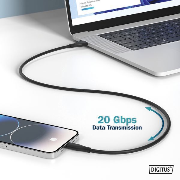 Кабель DIGITUS USB-C заряджання/синхронізації, USB 4.0 Gen 2, 20G, 240W, 8K, силіконовий, 2м, чорний (AK-300344-020-S) 366210 фото