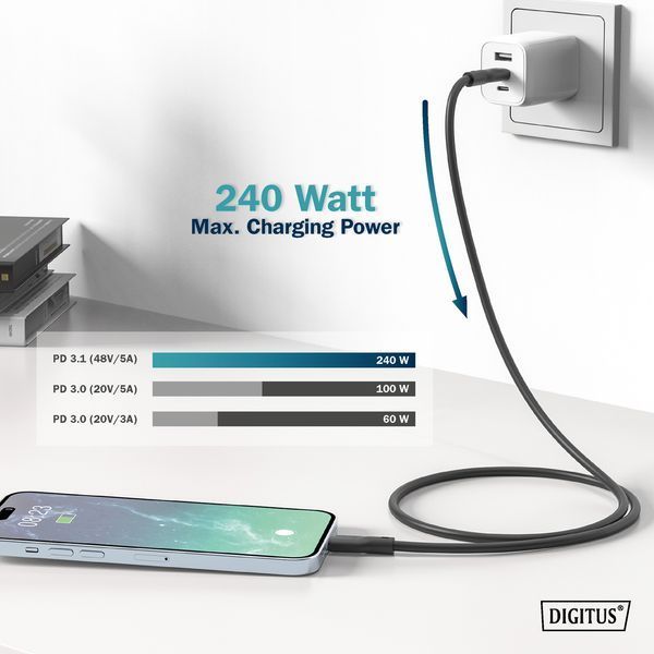 Кабель DIGITUS USB-C заряджання/синхронізації, USB 4.0 Gen 2, 20G, 240W, 8K, силіконовий, 2м, чорний (AK-300344-020-S) 366210 фото