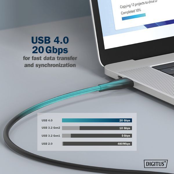 Кабель DIGITUS USB-C заряджання/синхронізації, USB 4.0 Gen 2, 20G, 240W, 8K, силіконовий, 2м, чорний (AK-300344-020-S) 366210 фото