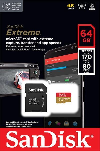 Карта пам'яті SanDisk microSD 64GB C10 UHS-I U3 R170/W80MB/s Extreme V30 + SD (SDSQXAH-064G-GN6MA) 375039 фото