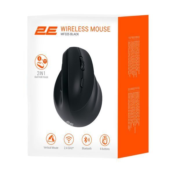 Миша 2E MF325 Silent, WL/BT, вертикальна, чорний (2E-MF325WBK) 372814 фото