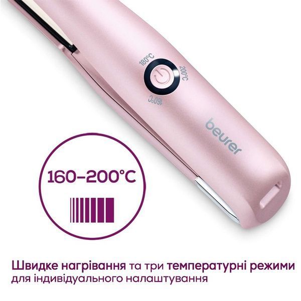 Випрямляч Beurer, безпровідний, mini-USB, 25Вт, темп.режимів-3, >200С, заряд на 20хв, кераміка, турмалін, рожевий (HS_20) 373136 фото