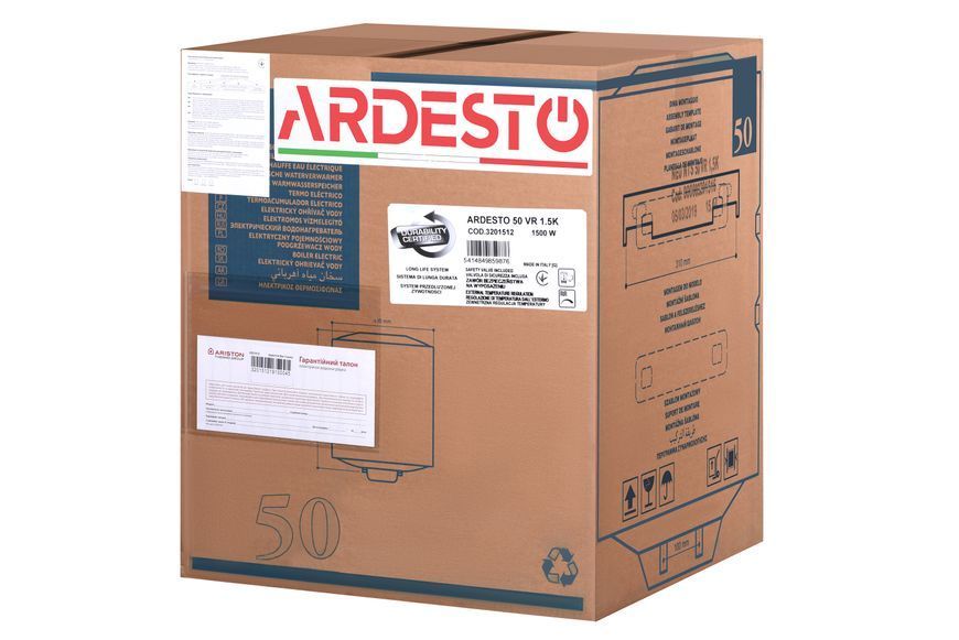 Водонагрівач електр. ARDESTO NEU NTS 50 V 1.5K EU2 круглий, 50л, 1,5кВт, мех. кер-ння, C, Італія, білий 364702 фото