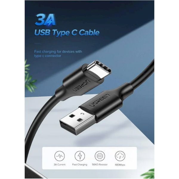 Кабель UGREEN US287 USB 2.0 To USB Type-C Cable Nickel Plating 3A 1m (60116) Black 283255 фото