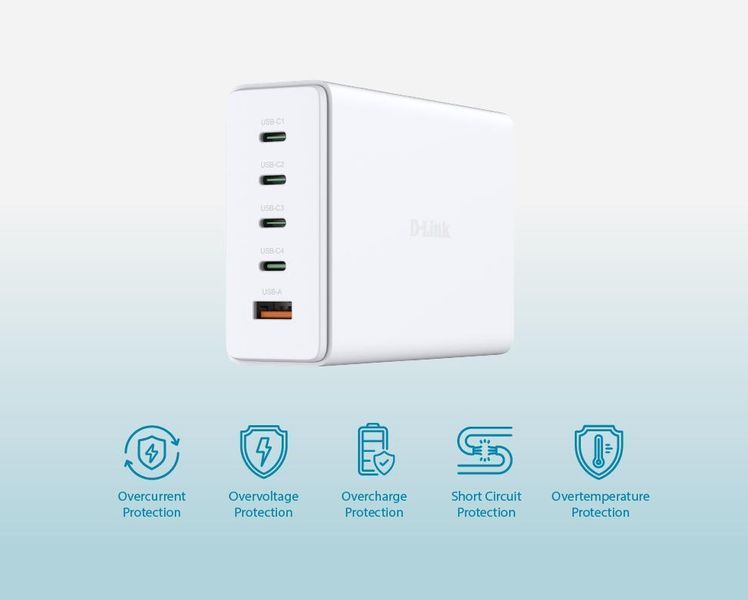 Зарядний пристрій мережевий D-Link DCF-241 240Вт GaN 4хUSB-С, 1xUSB-A, білий 395537 фото