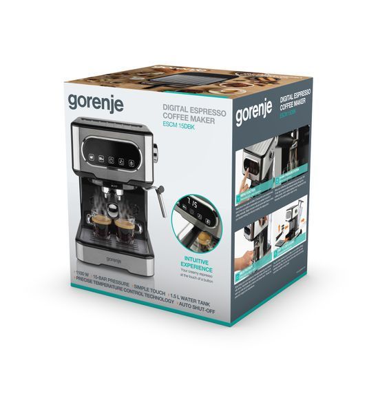 Кавоварка Gorenje ріжкова 1.5л, мелена, ручний капучинатор, нерж (ESCM15DBK) 369852 фото