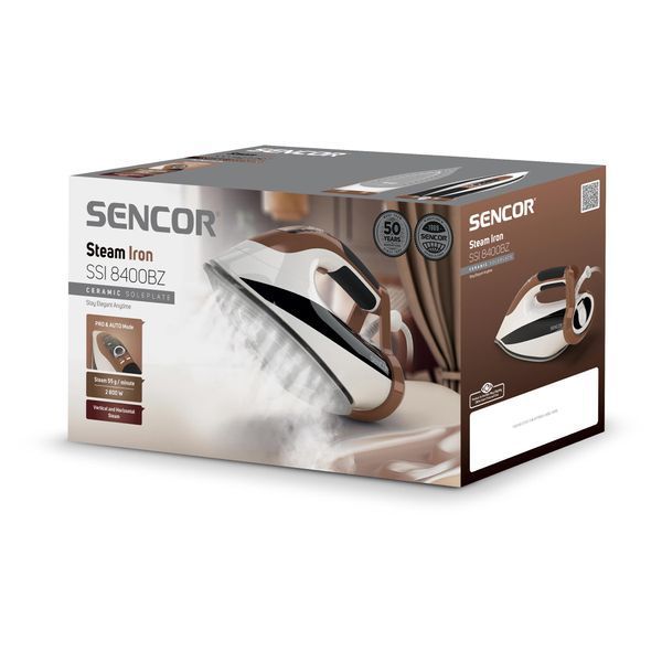 Праска Sencor, 2800Вт, 330мл, паровий удар -195гр, постійна пара - 55гр, pro та auto режими, керам. підошва, біло-коричневий (SSI8400BZ) 382740 фото