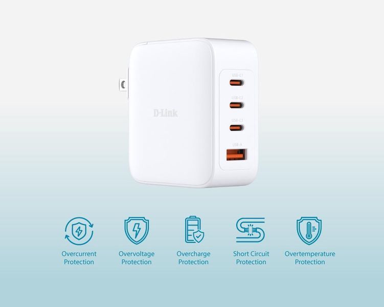 Зарядний пристрій мережевий D-Link DCP-101 100Вт GaN 3хUSB-С, 1xUSB-A, білий 395540 фото