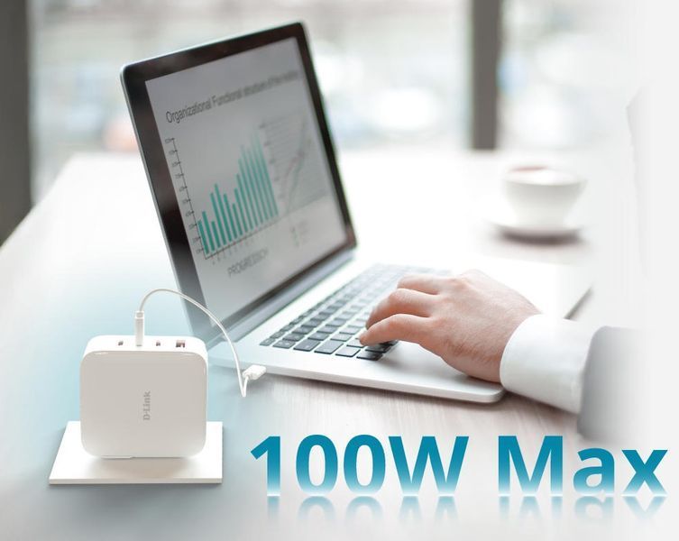 Зарядний пристрій мережевий D-Link DCP-101 100Вт GaN 3хUSB-С, 1xUSB-A, білий 395540 фото