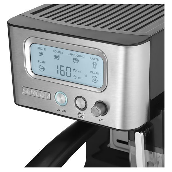Кавоварка Sencor ріжкова 1.4л, мелена, автоматичний капучинатор, LCD-дисплей, нерж. сталь-чорний (SES4090SS) 371874 фото
