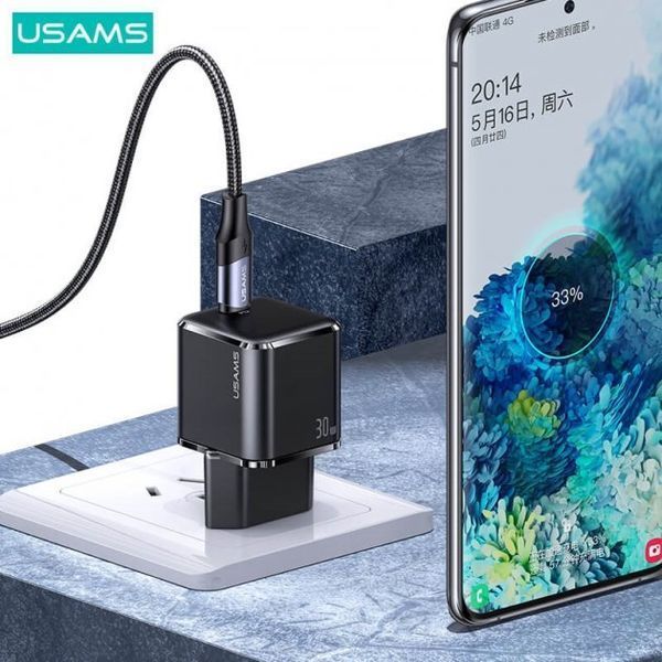 Зарядний Пристрій Usams T45 UX Series USB-C PD&QC3.0 30W 3A with Lightning-Type-C cable Black 258878 фото