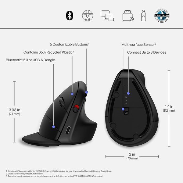 Миша HP 920 Ergonomic Vertical, WL/BT, чорний (6H1A4AA) 364597 фото