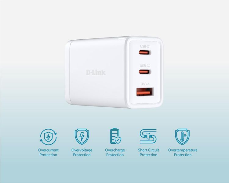 Зарядний пристрій мережевий D-Link DCP-651 65Вт GaN 2хUSB-С, 1xUSB-A, білий 395553 фото