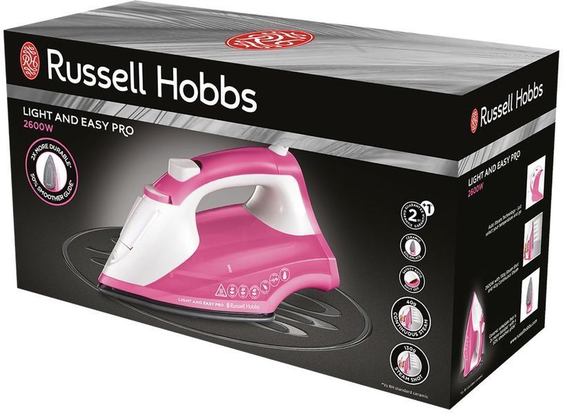 Праска Russell Hobbs Light & Easy Pro, 2600Вт, 240мл, паровий удар -130гр, постійна пара - 40гр, керам. підошва, біло-рожевий (26461-56) 373496 фото