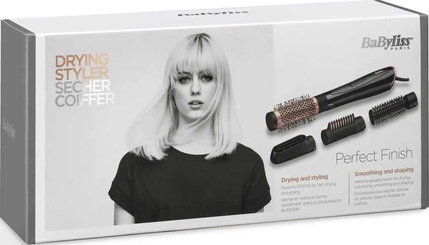 Фен-щітка Babyliss, 1000Вт, 2 режими, іоніз-я, хол. обдув, кераміка, чорний (AS126E) 366637 фото