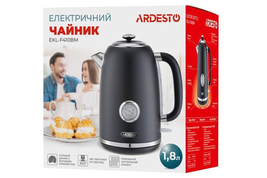 Електрочайник Ardesto Vintage Dream 1.8л, Strix, метал, чорний матовий (EKL-F410BM) 366698 фото