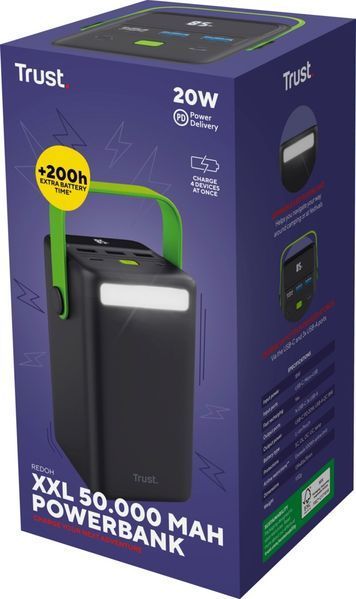 Акумулятор портативний літій-іонний power bank Trust Redoh XXL, 50000мА&middot;год, 3хUSB-A/USB-C, 20W, чорний 363972 фото