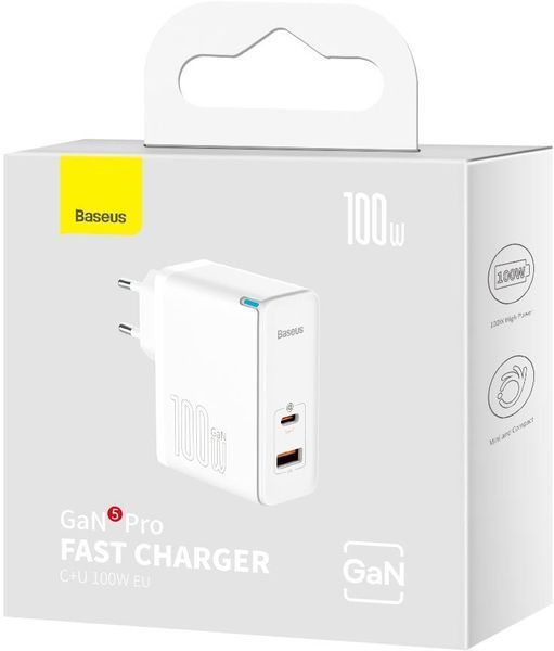 Зарядний Пристрій Baseus GaN5 Pro 100W Type-C + USB + Кабель Type-C - Type-C (CCGP090202) white 268697 фото