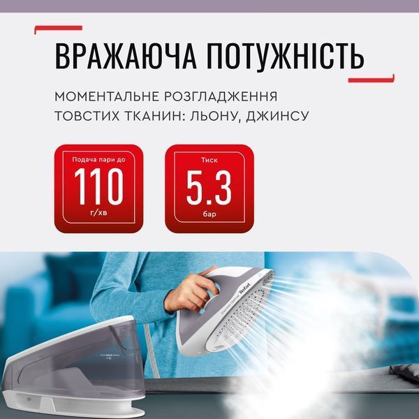 Праска-парогенератор Tefal Express Optimal, 2200Вт, 1200мл, паровий удар -250гр, постійна пара - 110гр, керам. підошва, біло-сірий (SV4111E0) 374215 фото