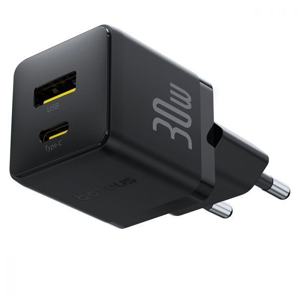 Зарядний Пристрій Baseus Palm Fast Charger Type-C+USB 30W (With Cable Type-C to Type-C 60W 1m) (P1011160A113-01) Black 347079 фото