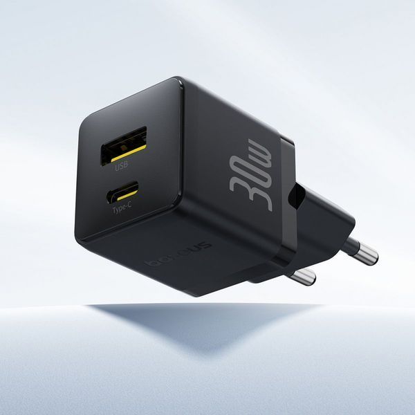 Зарядний Пристрій Baseus Palm Fast Charger Type-C+USB 30W (With Cable Type-C to Type-C 60W 1m) (P1011160A113-01) Black 347079 фото