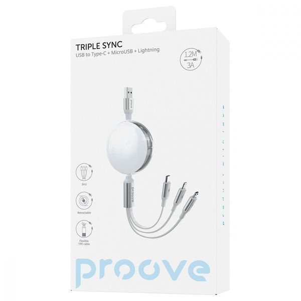 Кабель Proove Triple Sync 3 In1 Type-C + Micro USB + Lightning (1.2m) (CCTS20001502) White 316322 фото