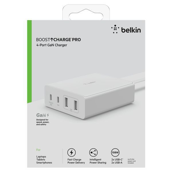 Зарядний пристрій мережевий Belkin 108Вт 2хUSB-С GAN PD PPS/2хUSB-A, білий (WCH010VFWH) 371556 фото