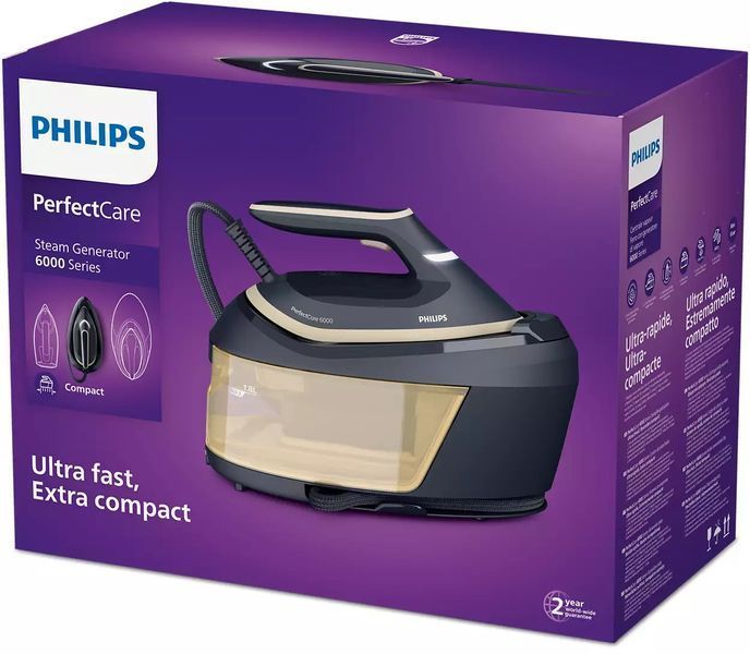 Праска-парогенератор Philips PerfectCare 6000 Series, 2400Вт, 1800мл, паровий удар -600гр, постійна пара - 130гр, нерж. сталь, синьо-золотий (PSG6066/ 373966 фото