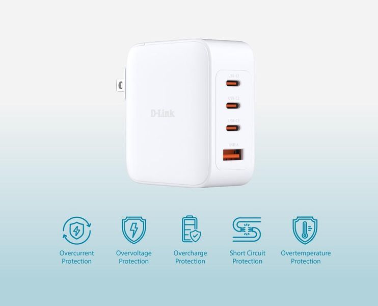Зарядний пристрій мережевий D-Link DCF-141 140Вт GaN 3хUSB-С, 1xUSB-A, білий 395558 фото