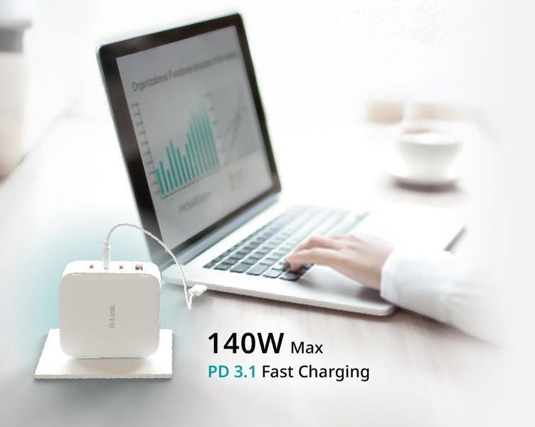 Зарядний пристрій мережевий D-Link DCF-141 140Вт GaN 3хUSB-С, 1xUSB-A, білий 395558 фото